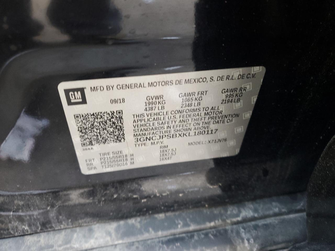 2019 Chevrolet Trax VIN 3GNCJPSBXKL180117 Copart auction photo, front end damage thumbnail 14
