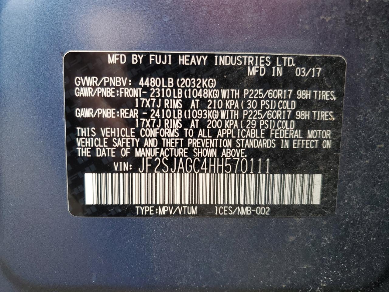 2017 Subaru Forester VIN JF2SJAGC4HH570111 Copart auction photo, front end damage thumbnail 15