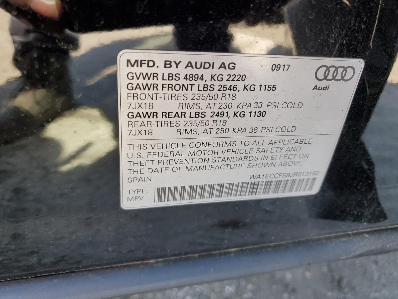2018 Audi Q3 VIN WA1ECCFS9JR013182 Copart auction photo, front end damage thumbnail 16