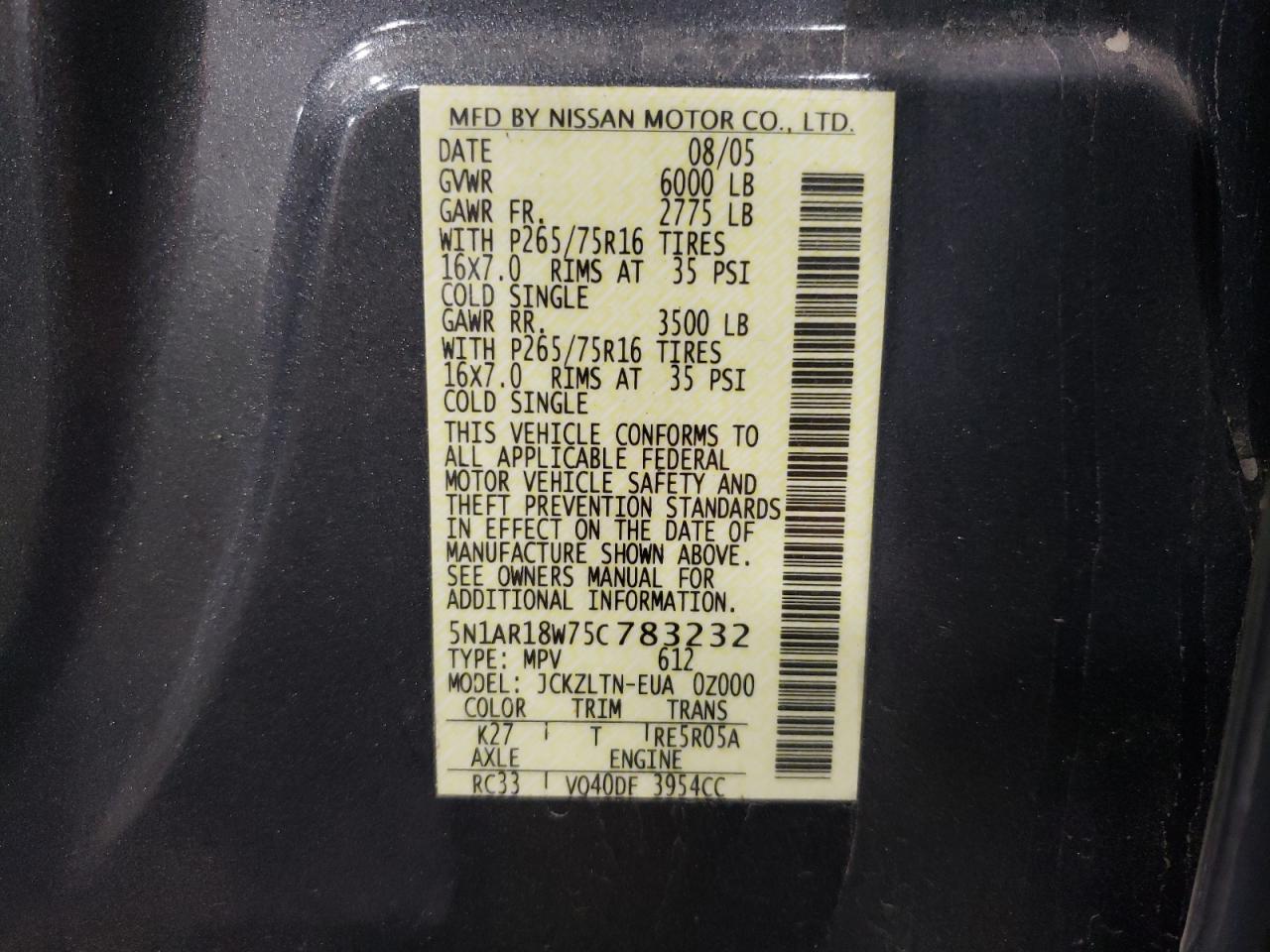 2005 Nissan Pathfinder VIN 5N1AR18W75C783232 Copart auction photo, mechanical / minor dent/scratches damage thumbnail 13