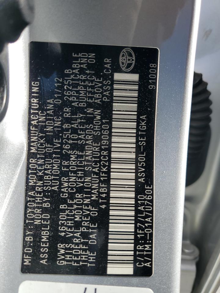 2012 Toyota Camry VIN 4T4BF1FK2CR190601 Copart auction photo, rear end damage thumbnail 14