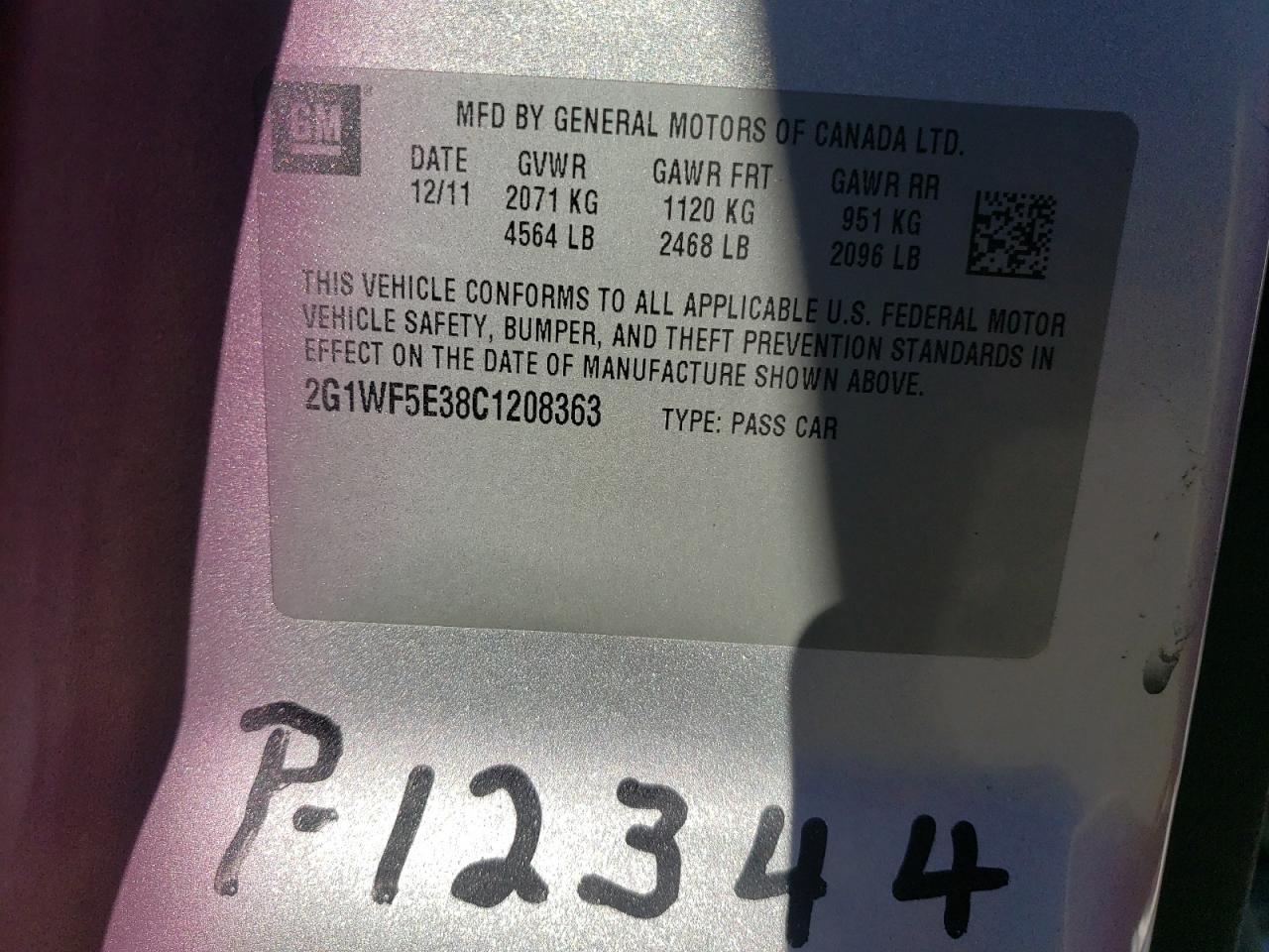 2012 Chevrolet Impala VIN 2G1WF5E38C1208363 Copart auction photo, rear end / side damage thumbnail 12