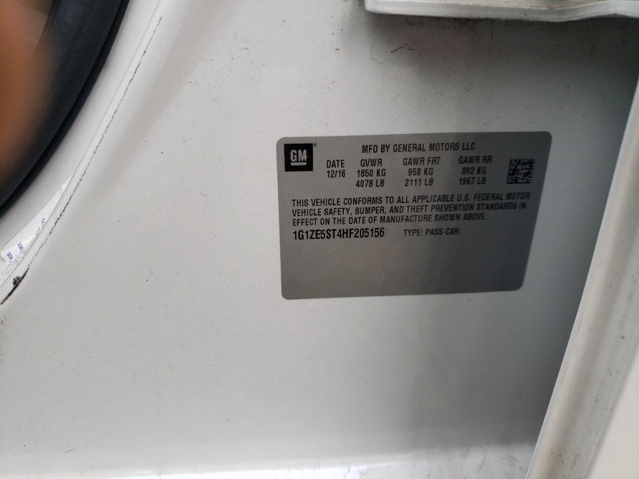 2017 Chevrolet Malibu VIN 1G1ZE5ST4HF205156 Copart auction photo, front end damage thumbnail 12