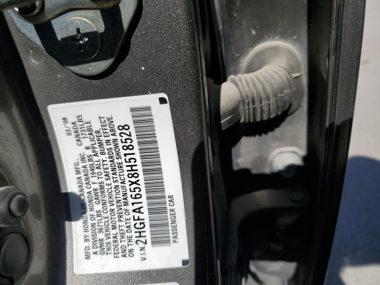 2008 Honda Civic VIN 2HGFA165X8H518528 Copart auction photo, front end / side damage thumbnail 12