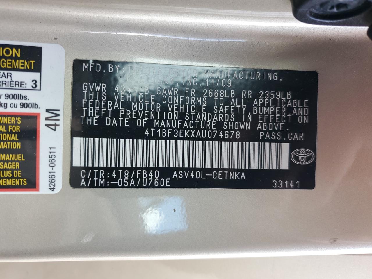 2010 Toyota Camry VIN 4T1BF3EKXAU074678 Copart auction photo, minor dent/scratches damage thumbnail 12