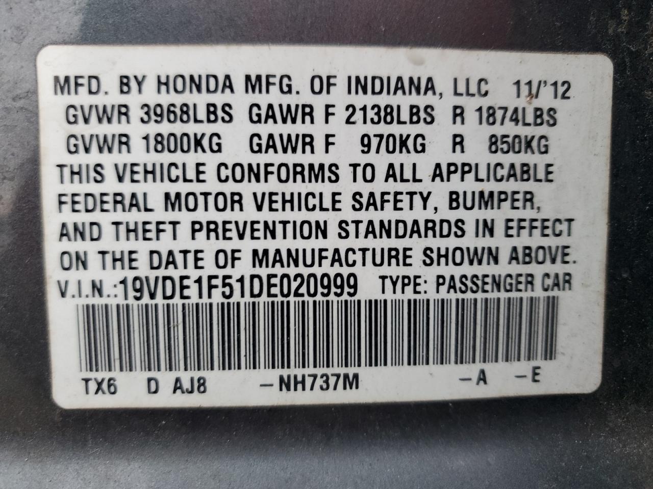 2013 Acura ILX VIN 19VDE1F51DE020999 Copart auction photo, side / front end damage thumbnail 12