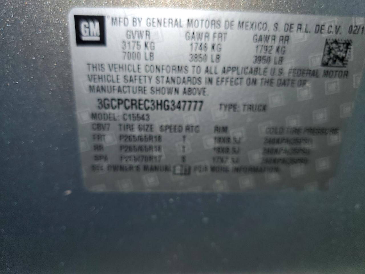 2017 Chevrolet Silverado VIN 3GCPCREC3HG347777 Copart auction photo, front end / side damage thumbnail 15