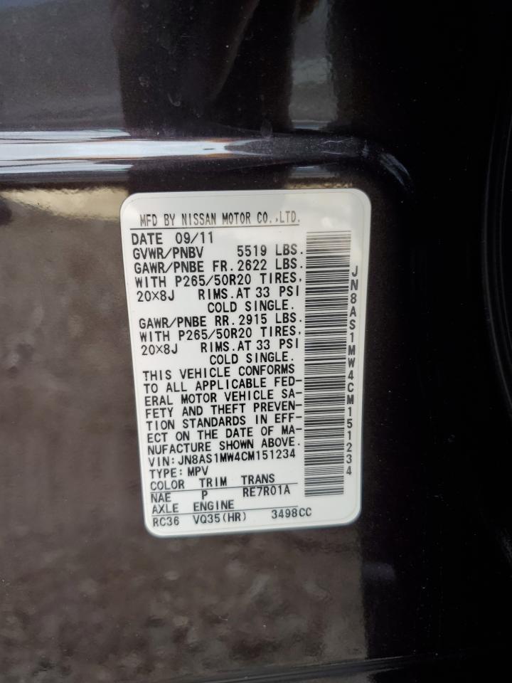 2012 Infiniti FX VIN JN8AS1MW4CM151234 Copart auction photo, rear end damage thumbnail 13