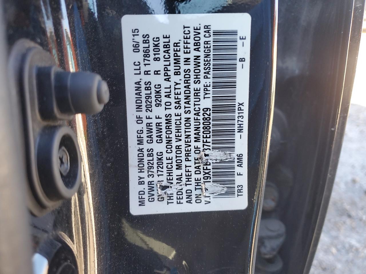 2015 Honda Civic VIN 19XFB2F87FE080829 Copart auction photo, normal wear damage thumbnail 12