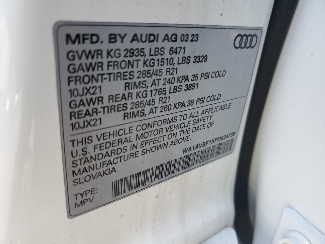 2023 Audi Q8 VIN WA1AVBF1XPD024739 Copart auction photo, front end damage thumbnail 14