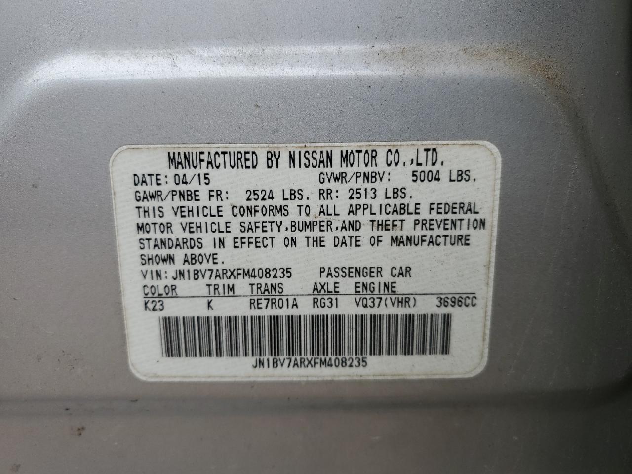 2015 Infiniti Q50 VIN JN1BV7ARXFM408235 Copart auction photo, rear end damage thumbnail 14