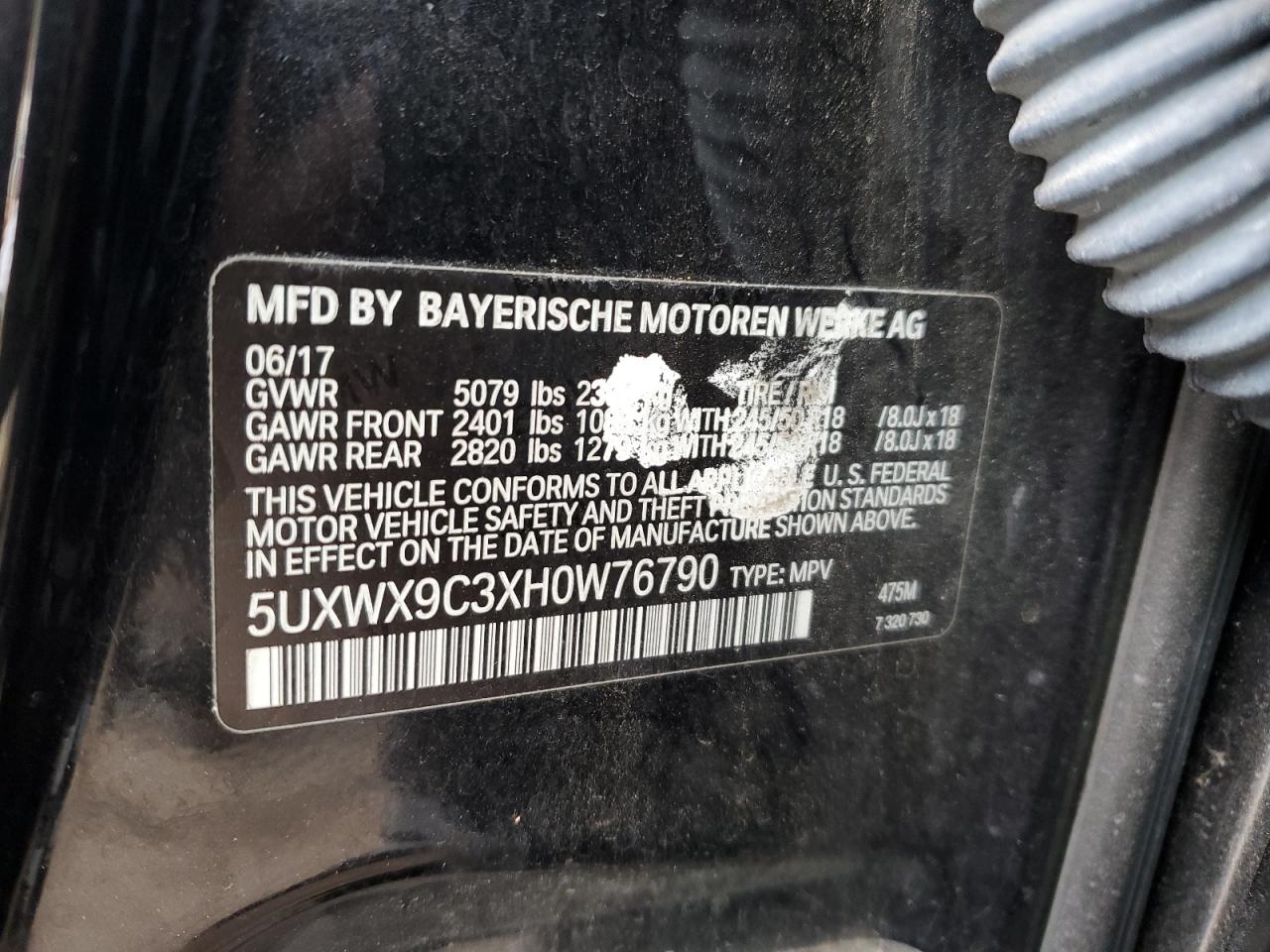 2017 BMW X3 VIN 5UXWX9C3XH0W76790 Copart auction photo, front end damage thumbnail 12