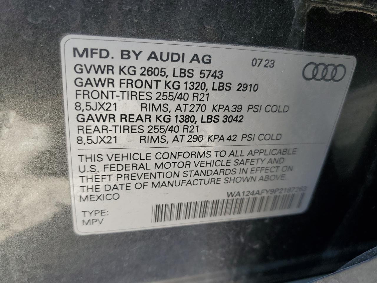 2023 Audi SQ5 Sportback VIN WA124AFY9P2187263 Copart auction photo, front end / minor dent/scratches damage thumbnail 14
