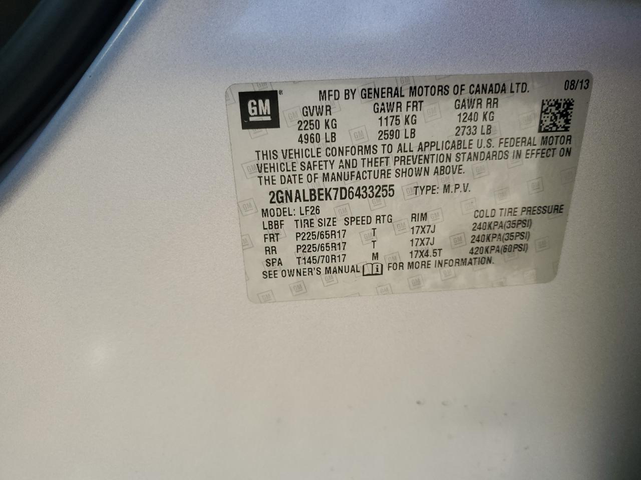 2013 Chevrolet Equinox VIN 2GNALBEK7D6433255 Copart auction photo, front end damage thumbnail 15