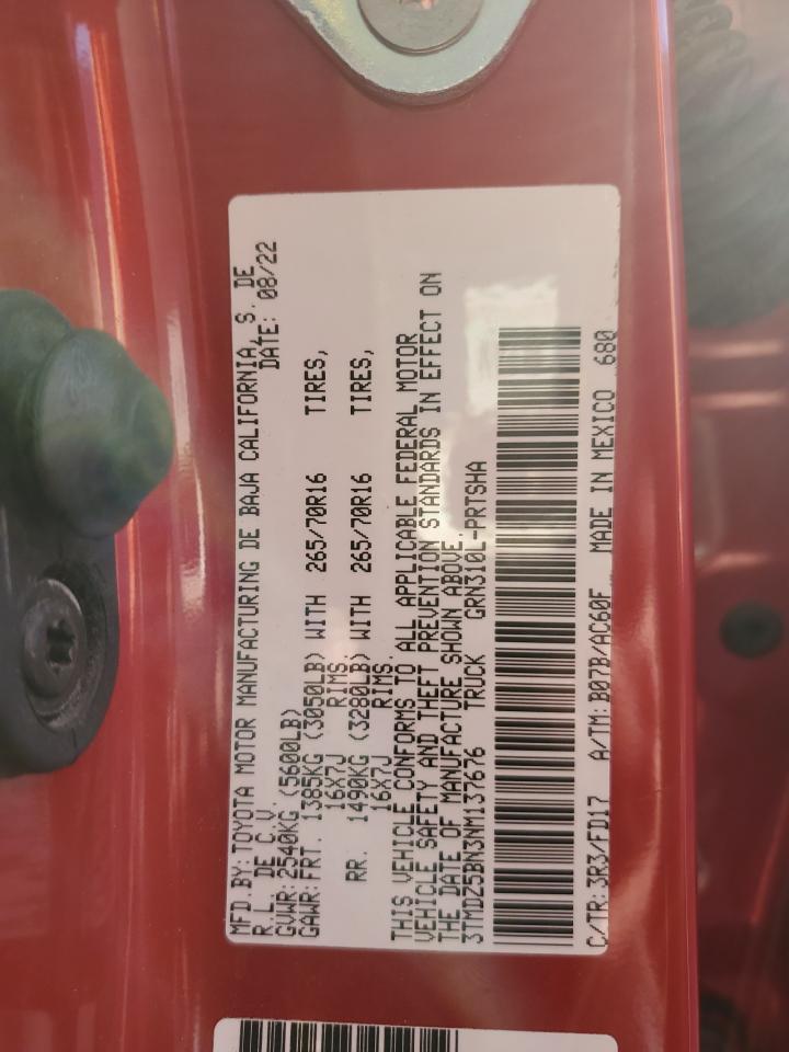 2022 Toyota Tacoma VIN 3TMDZ5BN3NM137676 Copart auction photo, rear end damage thumbnail 12