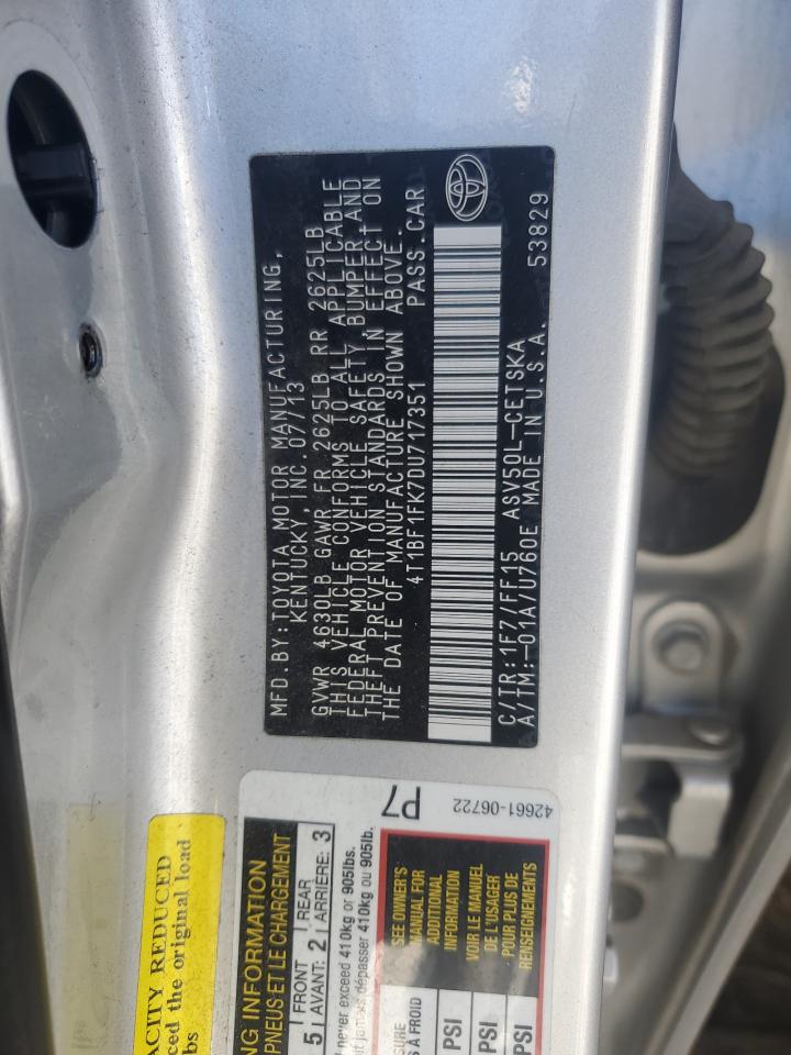 2013 Toyota Camry VIN 4T1BF1FK7DU717351 Copart auction photo, front end damage thumbnail 12