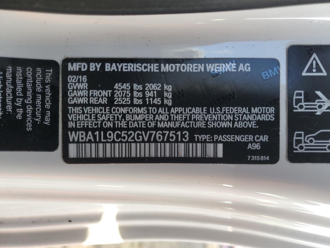 2016 BMW 2er VIN WBA1L9C52GV767513 Copart auction photo, front end / undercarriage damage thumbnail 12