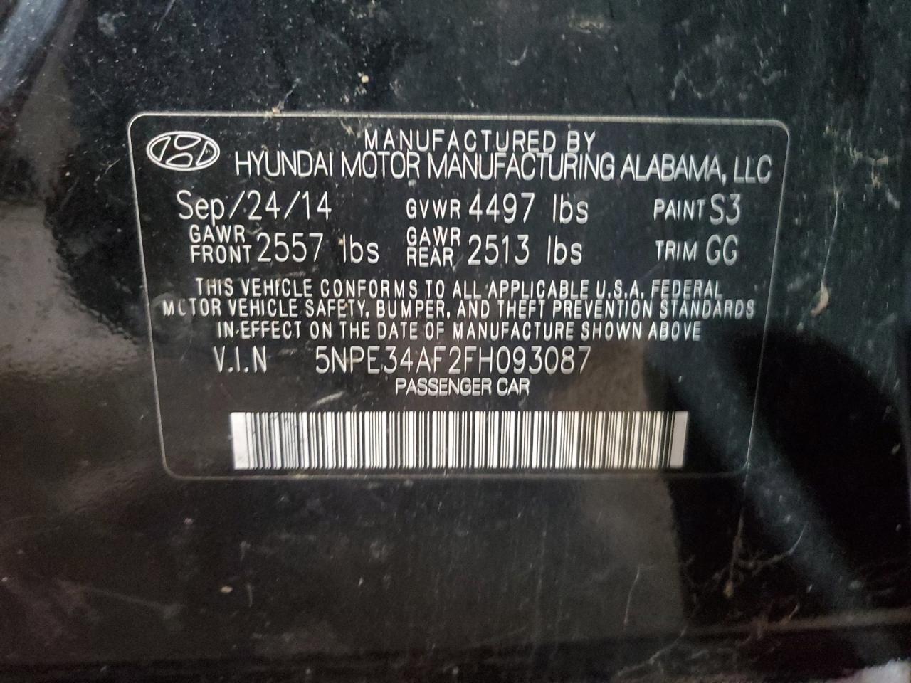 2015 Hyundai Sonata VIN 5NPE34AF2FH093087 Copart auction photo, front end / rear end damage thumbnail 12