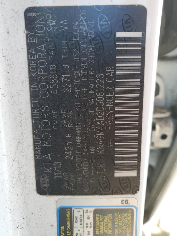 2013 KIA Optima VIN KNAGM4AD2D5061223 Copart auction photo, front end / rear end damage thumbnail 14