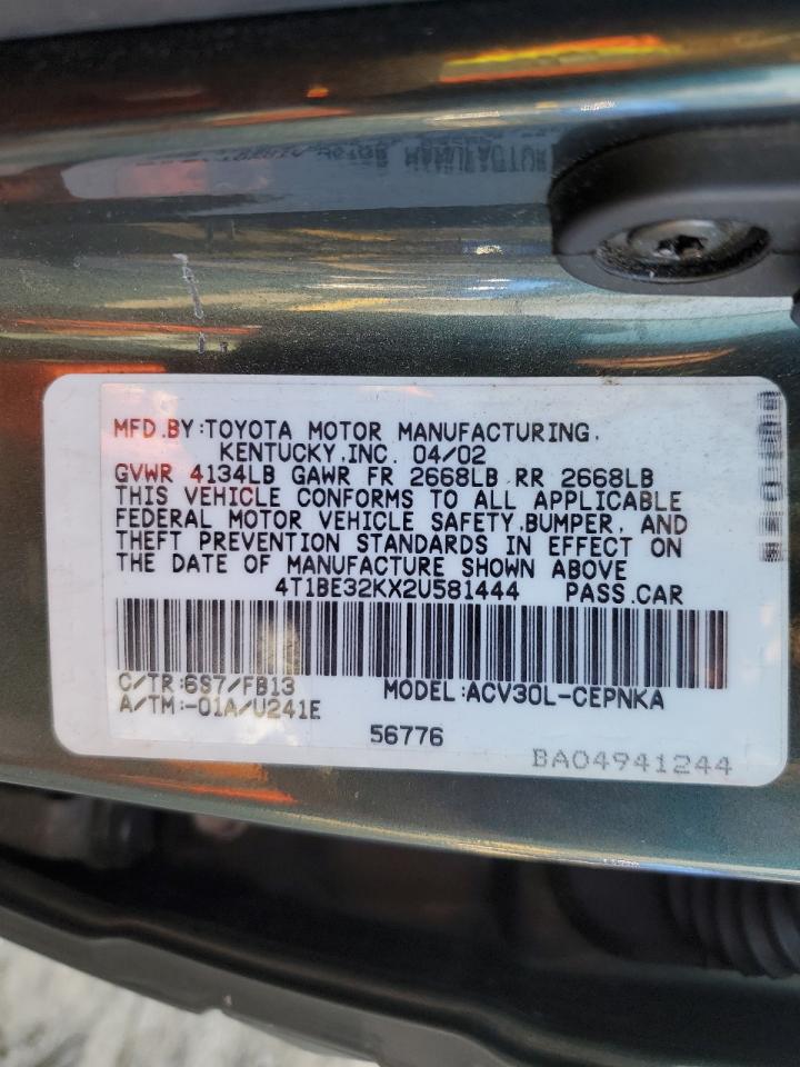 2002 Toyota Camry VIN 4T1BE32KX2U581444 Copart auction photo, rear end damage thumbnail 12