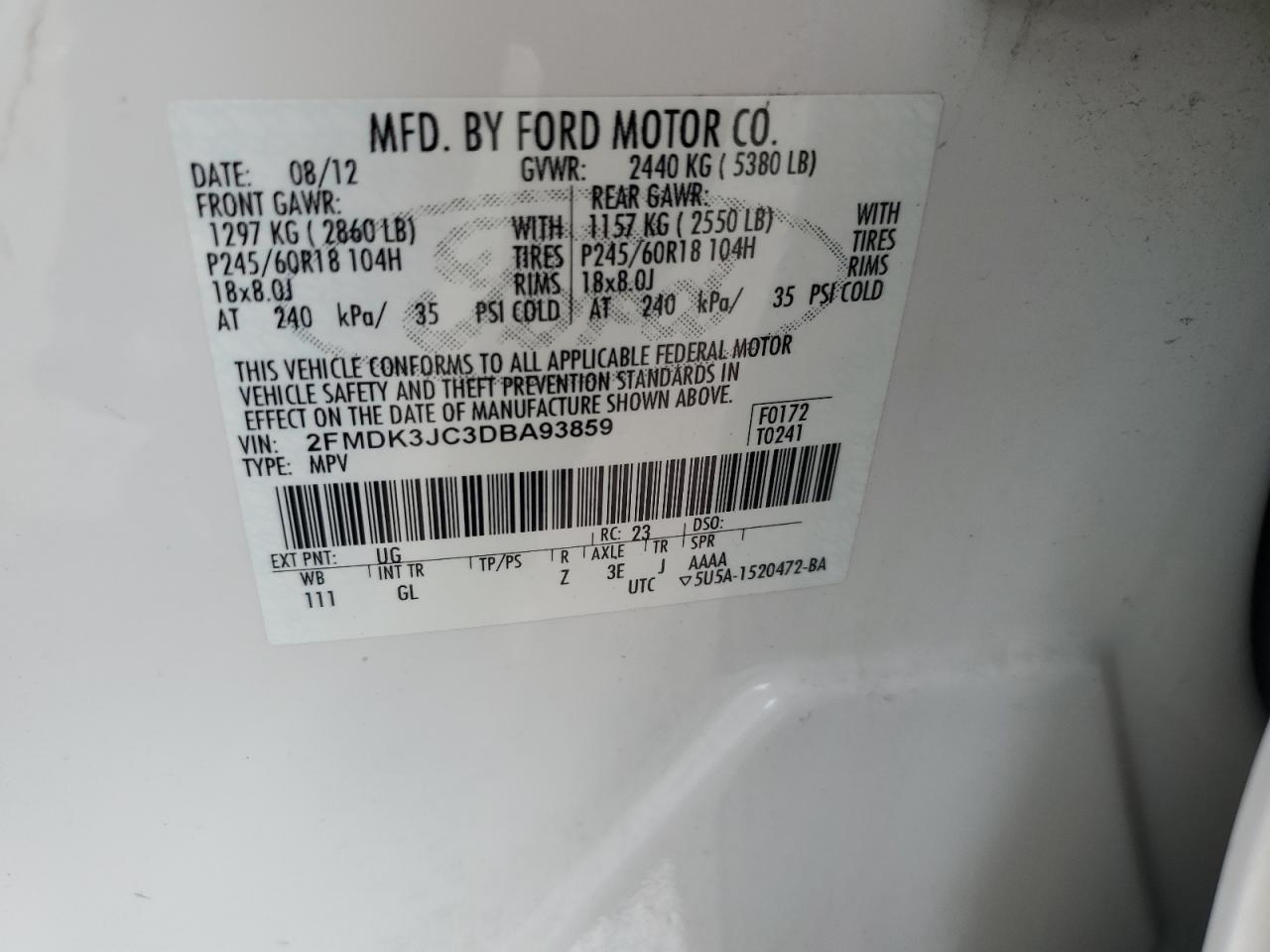 2013 Ford Edge VIN 2FMDK3JC3DBA93859 Copart auction photo, front end damage thumbnail 14