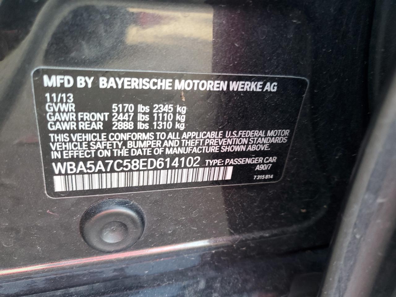 2014 BMW 5er VIN WBA5A7C58ED614102 Copart auction photo, front end / minor dent/scratches damage thumbnail 13