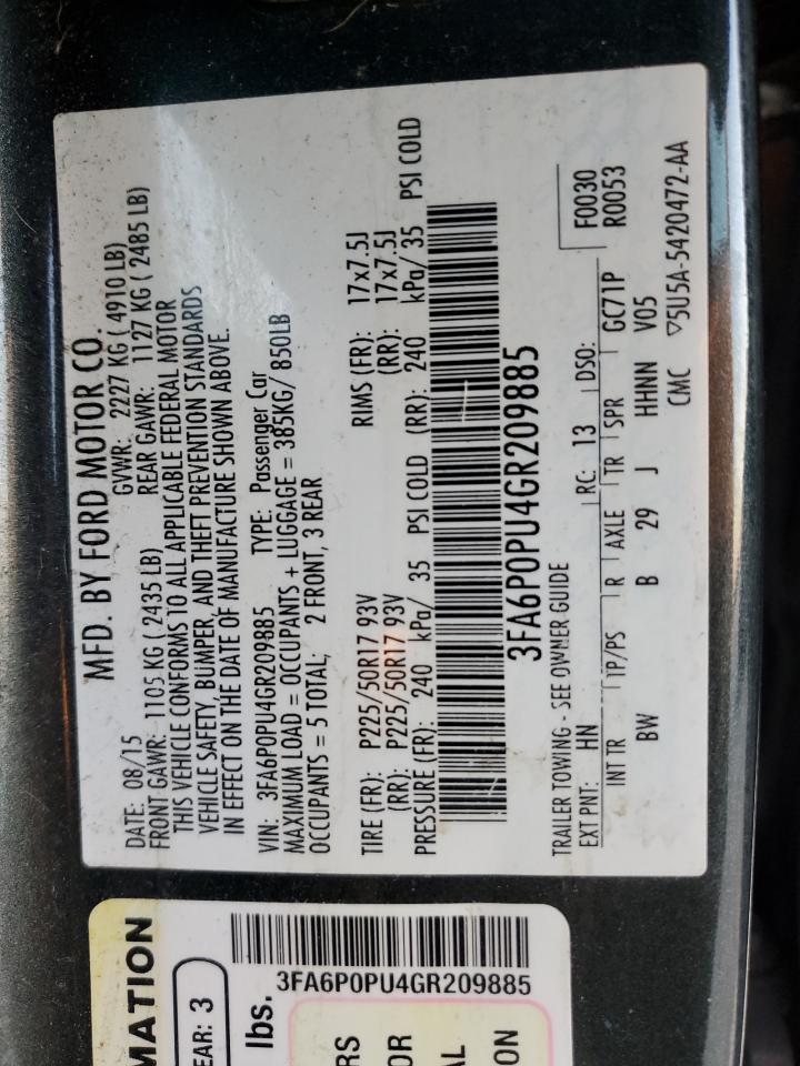 2016 Ford Fusion VIN 3FA6P0PU4GR209885 Copart auction photo, front end damage thumbnail 12