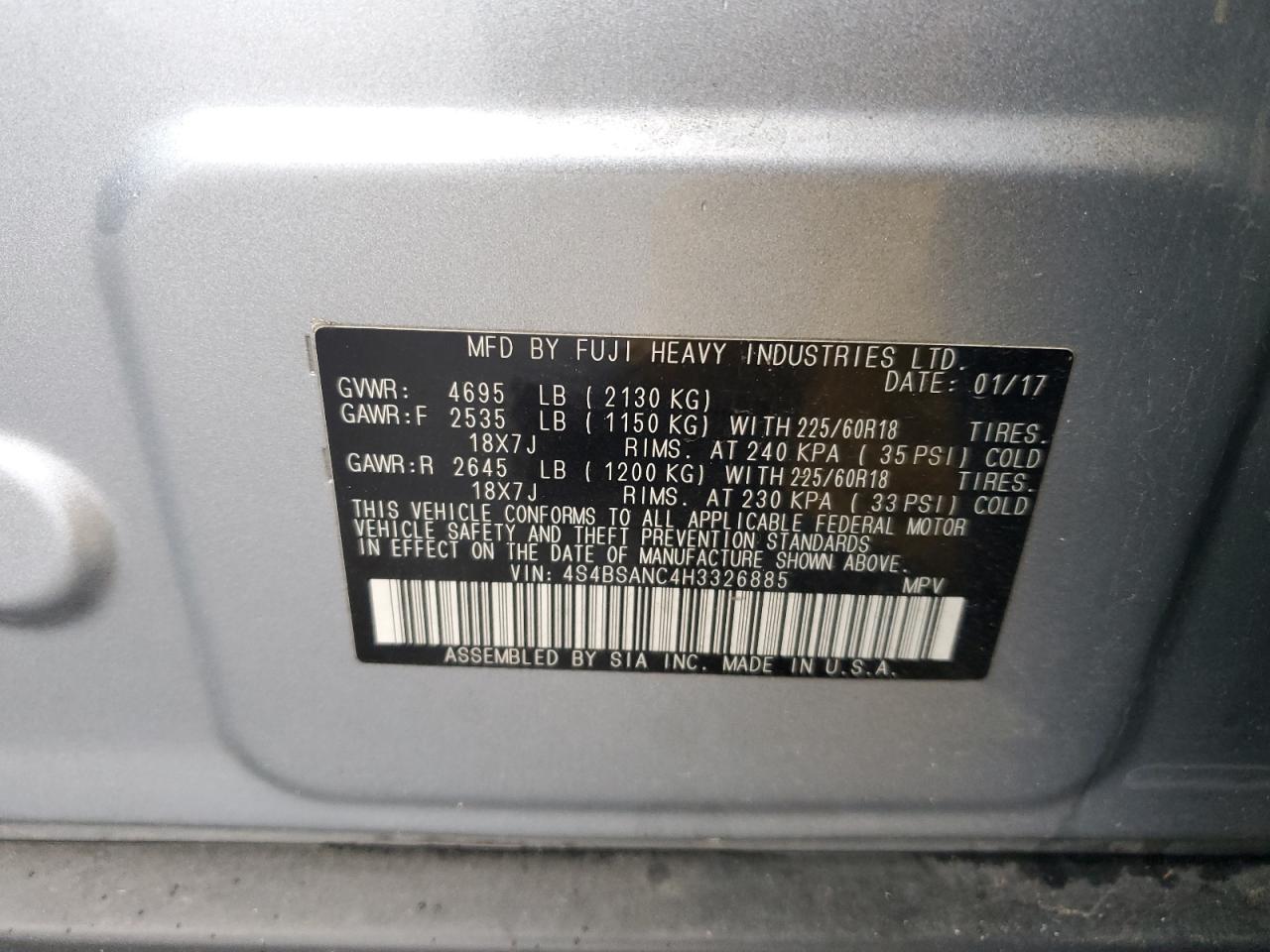 2017 Subaru Outback VIN 4S4BSANC4H3326885 Copart auction photo, all over / undercarriage damage thumbnail 13