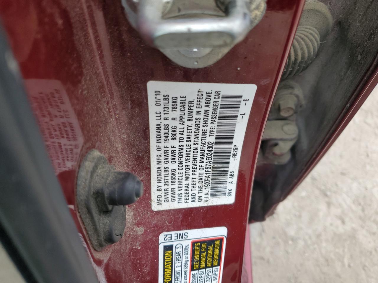 2010 Honda Civic VIN 19XFA1F57AE034302 Copart auction photo, front end / mechanical damage thumbnail 13