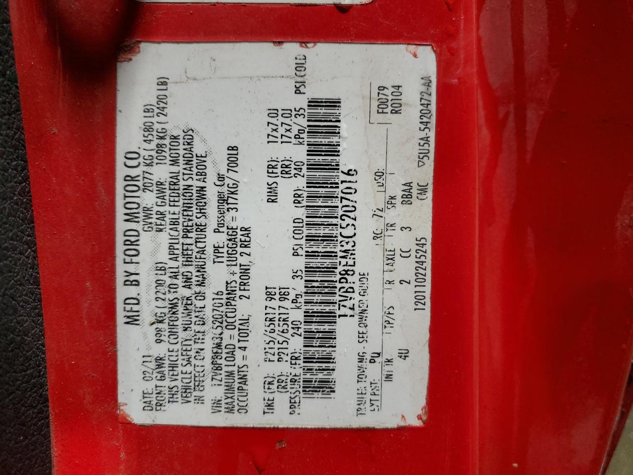 2012 Ford Mustang VIN 1ZVBP8EM3C5207016 Copart auction photo, mechanical / minor dent/scratches damage thumbnail 12