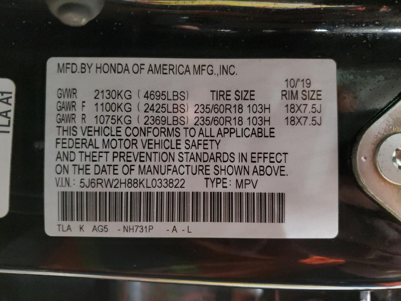 2019 Honda CR-V VIN 5J6RW2H88KL033822 Copart auction photo, front end damage thumbnail 14