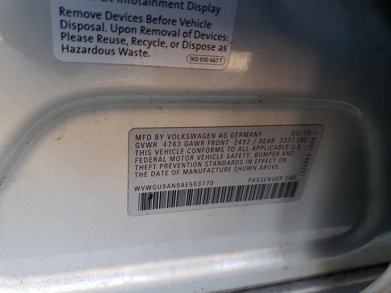 2010 Volkswagen Passat CC VIN WVWGU9AN9AE553770 Copart auction photo, burn - engine / minor dent/scratches damage thumbnail 12