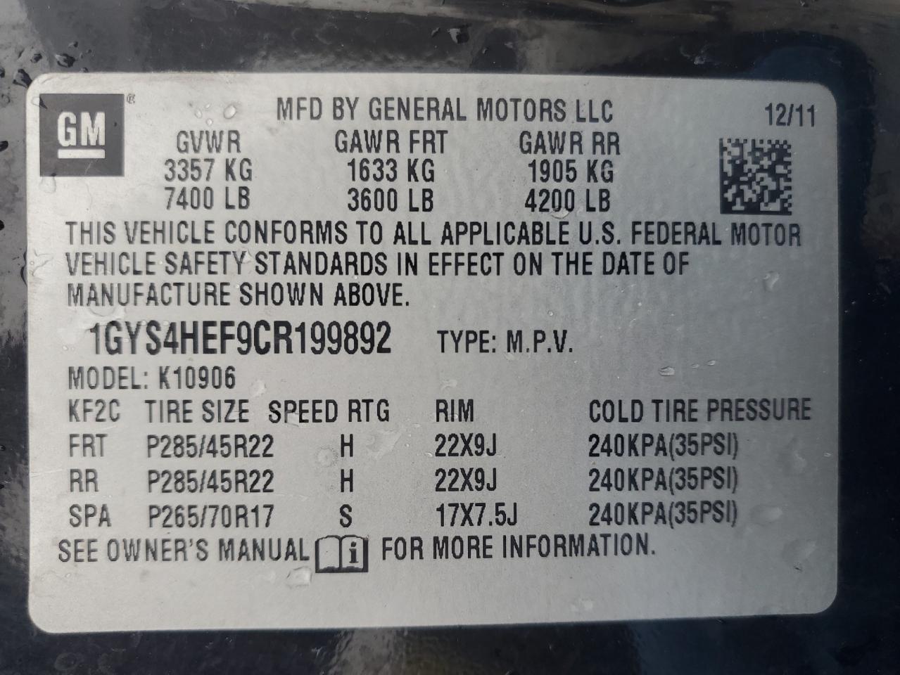 2012 Cadillac Escalade VIN 1GYS4HEF9CR199892 Copart auction photo, front end / side damage thumbnail 15