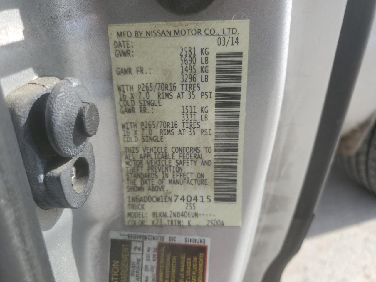 2014 Nissan Navara (Frontier) VIN 1N6AD0CW1EN740415 Copart auction photo, front end damage thumbnail 14