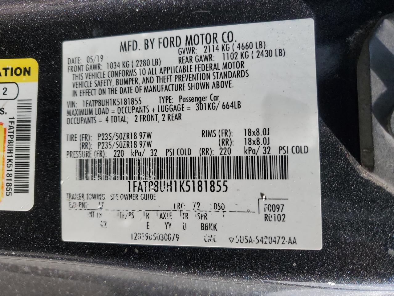 2019 Ford Mustang VIN 1FATP8UH1K5181855 Copart auction photo, front end damage thumbnail 12