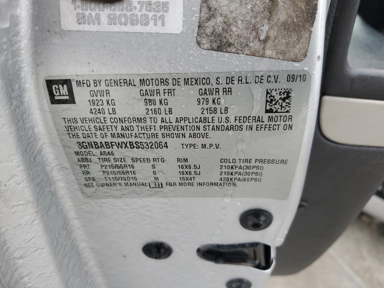 2011 Chevrolet HHR VIN 3GNBABFWXBS532064 Copart auction photo, front end damage thumbnail 12