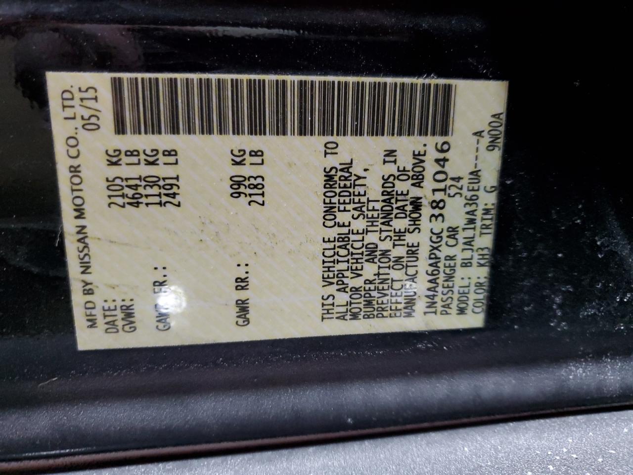 2016 Nissan Maxima VIN 1N4AA6APXGC381046 Copart auction photo, front end damage thumbnail 12
