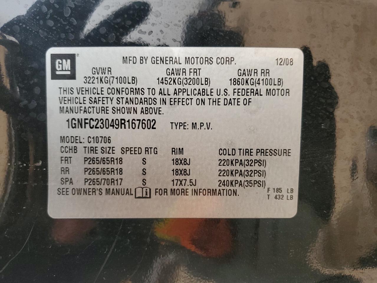 2009 Chevrolet Tahoe VIN 1GNFC23049R167602 Copart auction photo, side damage thumbnail 15