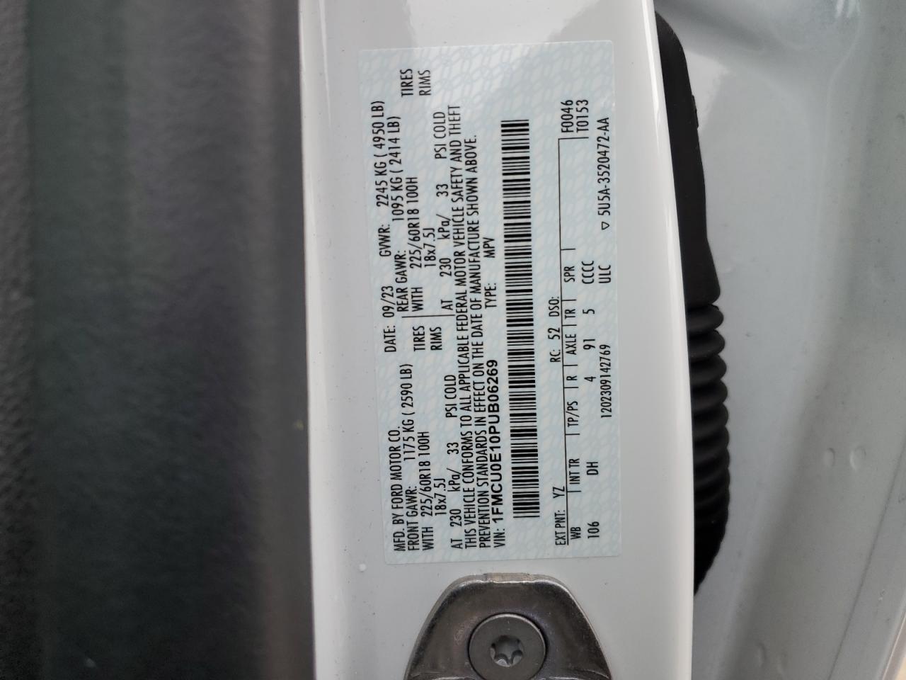 2023 Ford Escape VIN 1FMCU0E10PUB06269 Copart auction photo, front end damage thumbnail 14