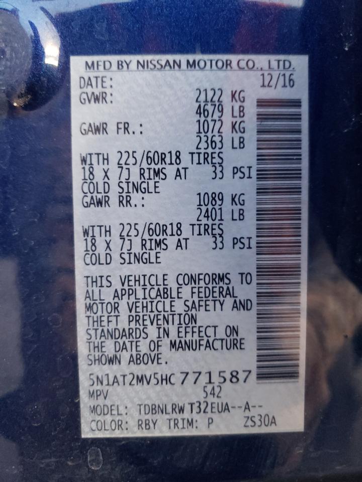 2017 Nissan Rogue VIN 5N1AT2MV5HC771587 Copart auction photo, rear end / hail damage thumbnail 13