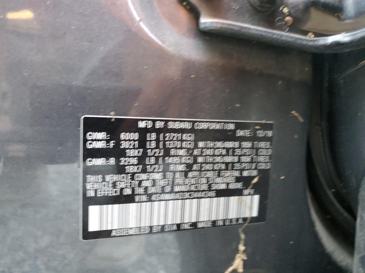 2019 Subaru Ascent VIN 4S4WMAAD3K3444346 Copart auction photo, water/flood damage thumbnail 14