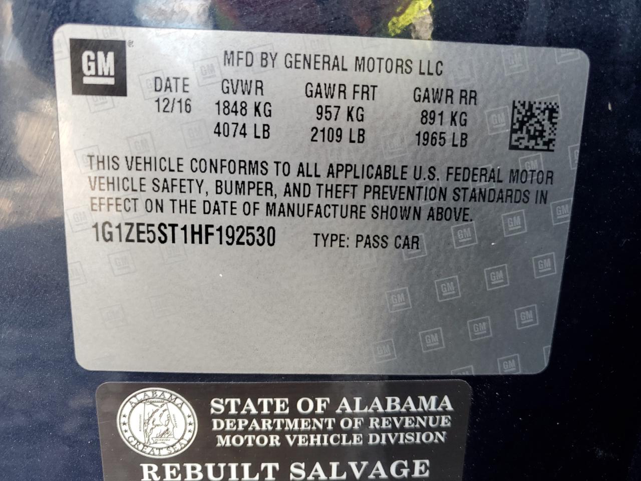 2017 Chevrolet Malibu VIN 1G1ZE5ST1HF192530 Copart auction photo, front end damage thumbnail 14