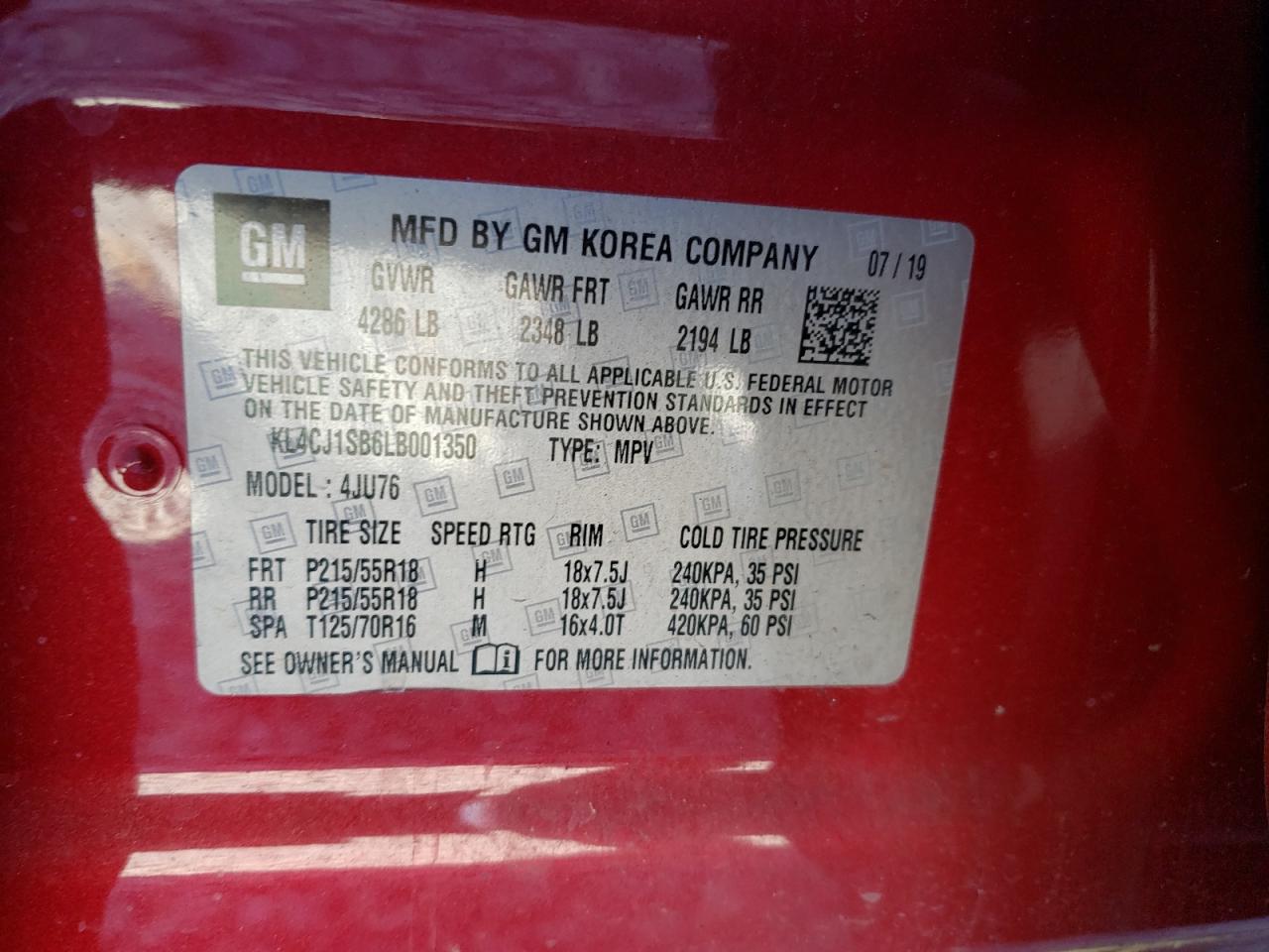 2020 Buick Encore VIN KL4CJ1SB6LB001350 Copart auction photo, all over damage thumbnail 14