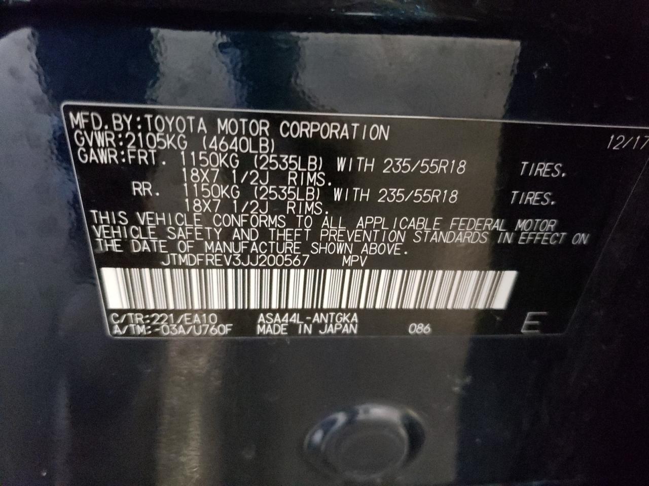 2018 Toyota RAV 4 VIN JTMDFREV3JJ200567 Copart auction photo, front end / side damage thumbnail 13