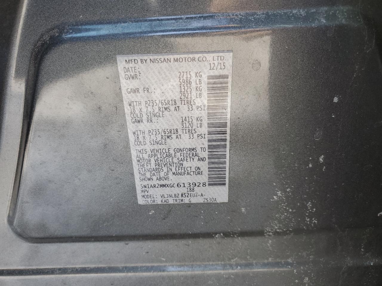 2016 Nissan Pathfinder VIN 5N1AR2MMXGC613928 Copart auction photo, front end damage thumbnail 14