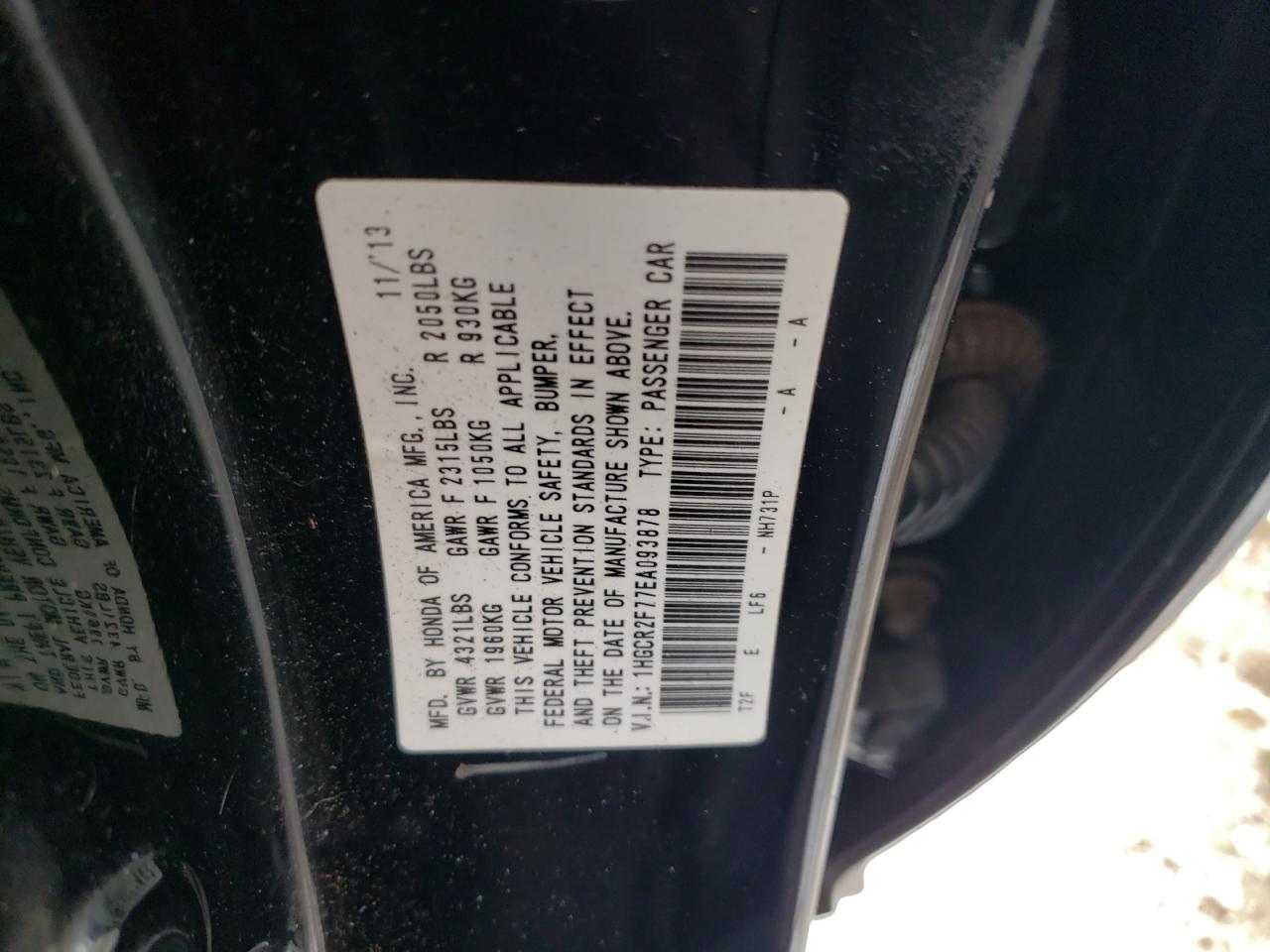 2014 Honda Accord VIN 1HGCR2F77EA093878 Copart auction photo, rear end / front end damage thumbnail 12