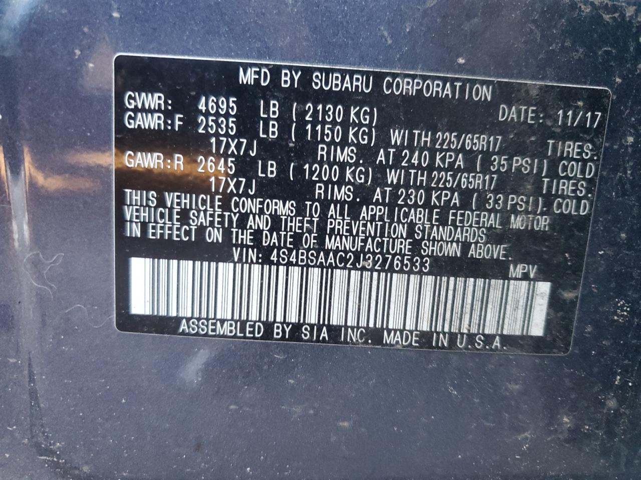 2018 Subaru Outback VIN 4S4BSAAC2J3276533 Copart auction photo, top/roof / front end damage thumbnail 13