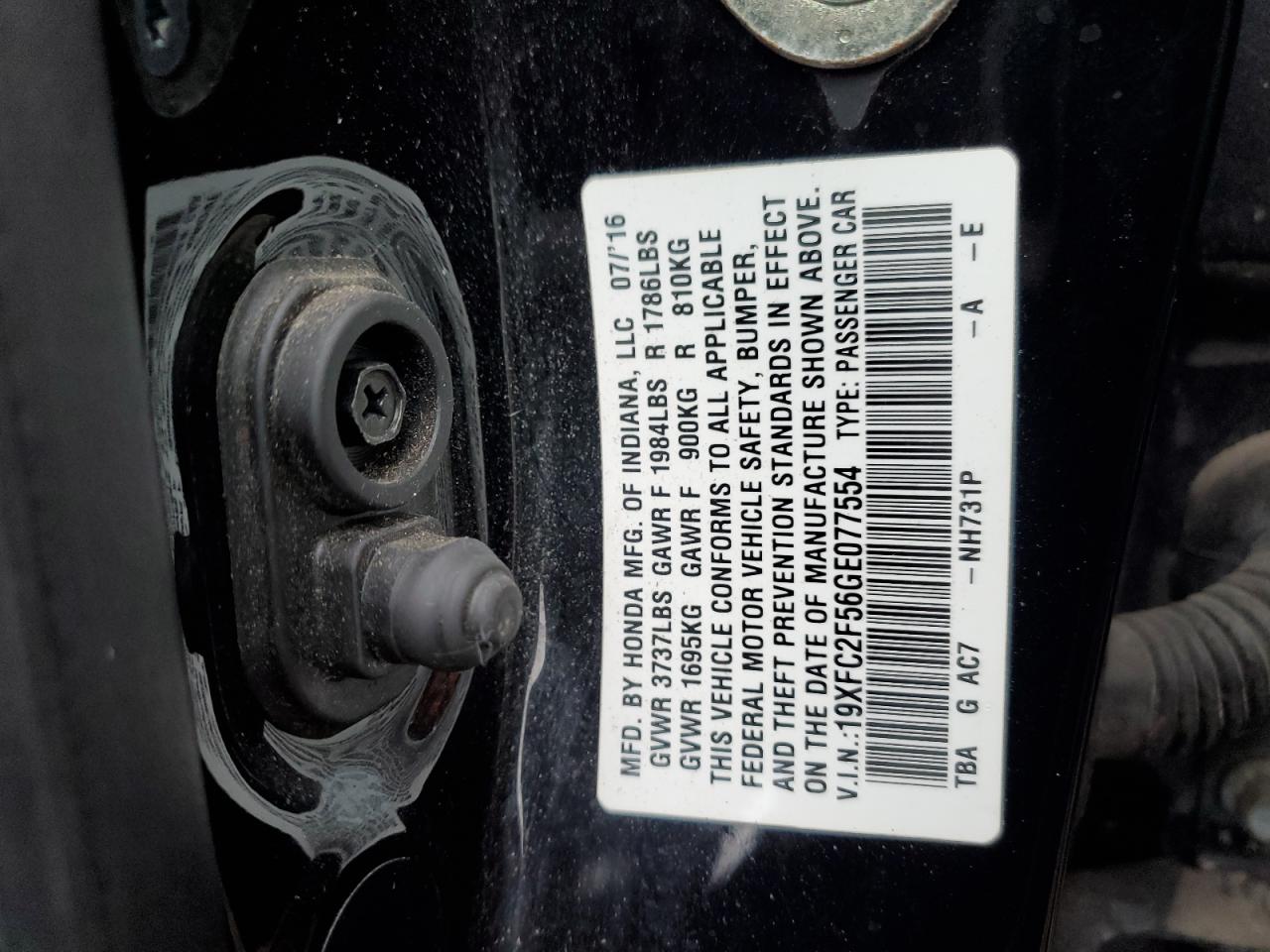 2016 Honda Civic VIN 19XFC2F56GE077554 Copart auction photo, side / rear end damage thumbnail 12