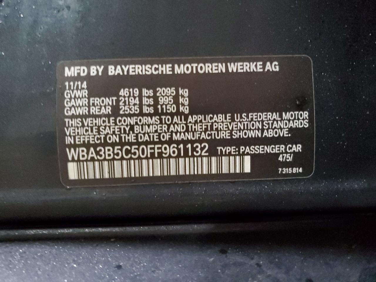 2015 BMW 3er VIN WBA3B5C50FF961132 Copart auction photo, front end damage thumbnail 12