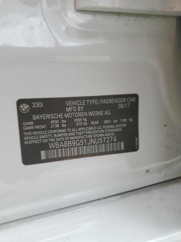 2018 BMW 3er VIN WBA8B9G51JNU57274 Copart auction photo, water/flood / minor dent/scratches damage thumbnail 13